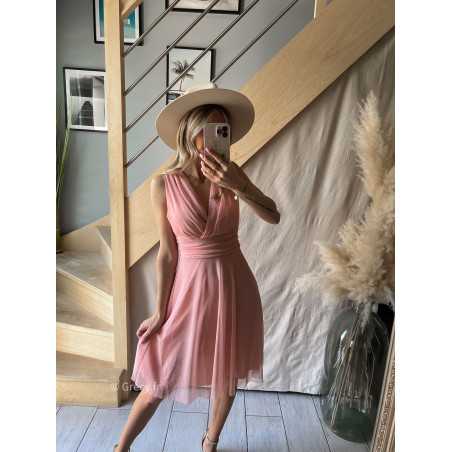 Robe courte cérémonie rose clair témoin voile doublure grecy pastel mariage demoiselle d'honneur