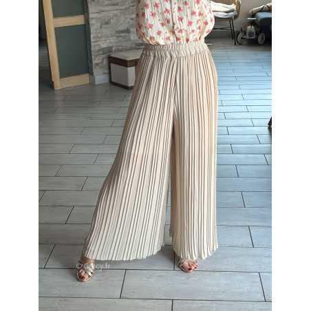 Pantalon plissé fluide beige grecy léger doublure habillé élégant cérémonie mariage