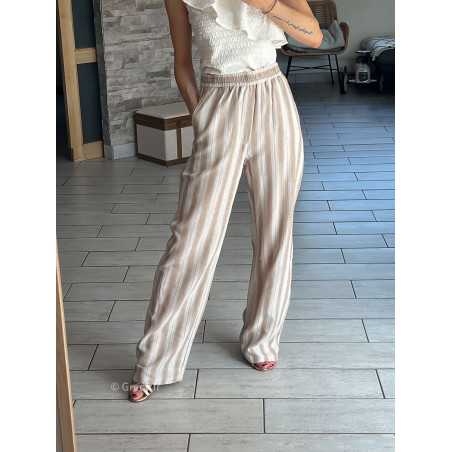 Pantalon large beige rayé coton lin rayures chic décontracté ceinture corde grecy Zara mango