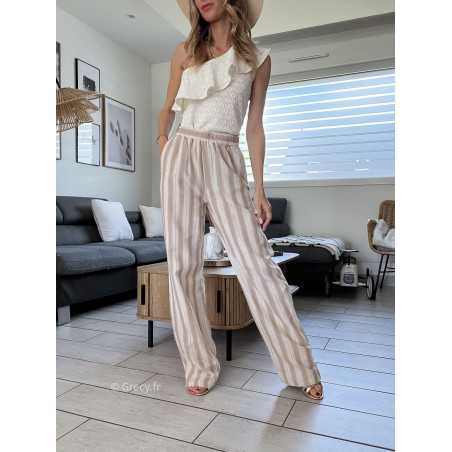 Pantalon large beige rayé coton lin rayures chic décontracté ceinture corde grecy Zara mango