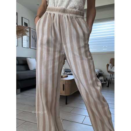 Pantalon large beige rayé coton lin rayures chic décontracté ceinture corde grecy Zara mango