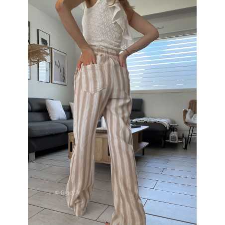 Pantalon large beige rayé coton lin rayures chic décontracté ceinture corde grecy Zara mango