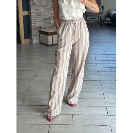 Pantalon large beige rayé coton lin rayures chic décontracté ceinture corde grecy Zara mango