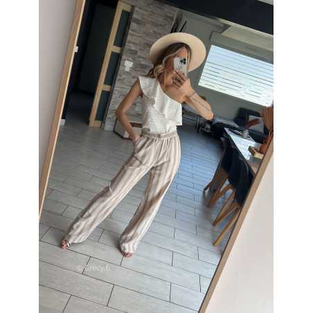 Pantalon large beige rayé coton lin rayures chic décontracté ceinture corde grecy Zara mango