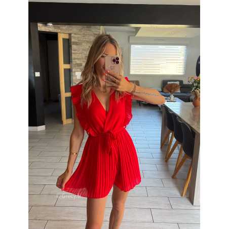 Combishort rouge plissé grecy mode tendance été vacances fluide doublure ceinture volants