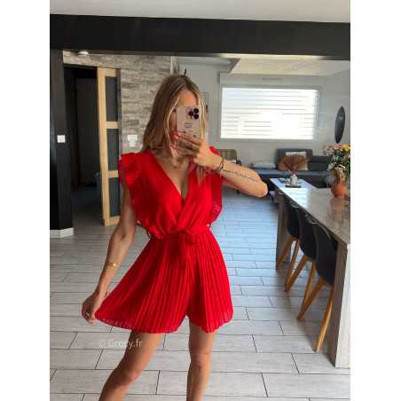 Combishort rouge plissé grecy mode tendance été vacances fluide doublure ceinture volants