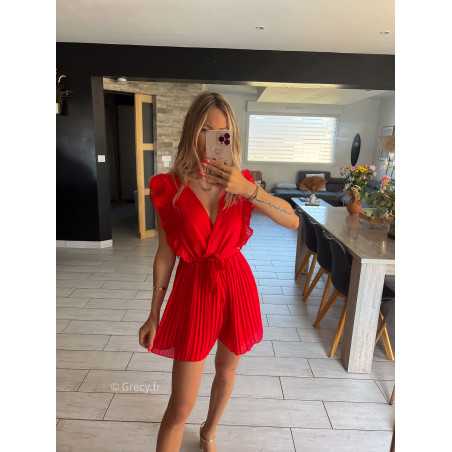 Combishort rouge plissé grecy mode tendance été vacances fluide doublure ceinture volants