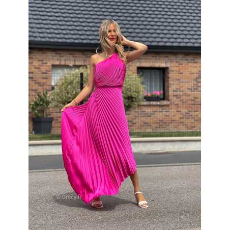 robe longue rose fuchsia plissée asymétrique grecy mango une bretelle manche cérémonie soirée gala chic tenue look