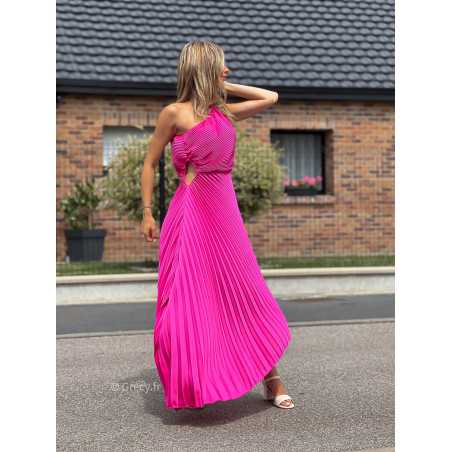 robe longue rose fuchsia plissée asymétrique grecy mango une bretelle manche cérémonie soirée gala chic tenue look