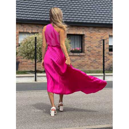 robe longue rose fuchsia plissée asymétrique grecy mango une bretelle manche cérémonie soirée gala chic tenue look