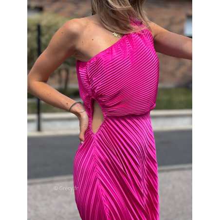 robe longue rose fuchsia plissée asymétrique grecy mango une bretelle manche cérémonie soirée gala chic tenue look