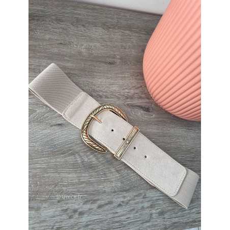 Ceinture beige élastique boucle ronde dorée grecy