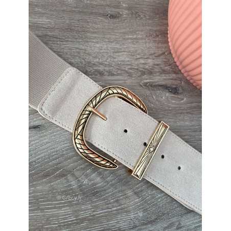 Ceinture beige élastique boucle ronde dorée grecy