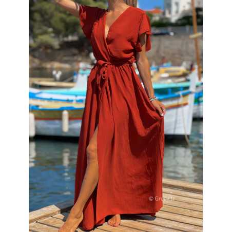 Robe longue terracotta manches courtes fendue grecy été mode tendance cérémonie mariage chic zara mango