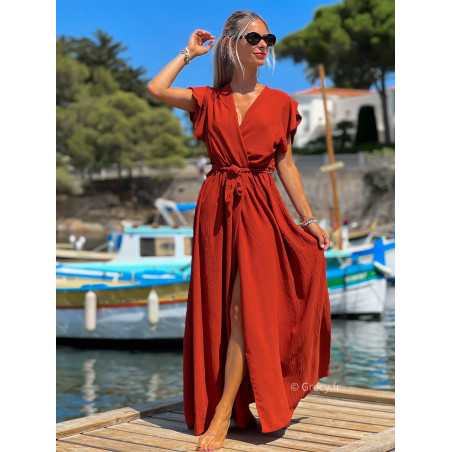 Robe longue terracotta manches courtes fendue grecy été mode tendance cérémonie mariage chic zara mango