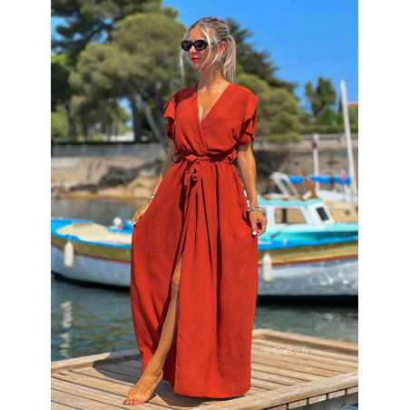 Robe longue terracotta manches courtes fendue grecy été mode tendance cérémonie mariage chic zara mango