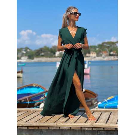 Robe longue vert sapin manches courtes fendue grecy été mode tendance cérémonie mariage chic zara mango