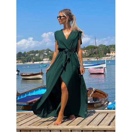 Robe longue vert sapin manches courtes fendue grecy été mode tendance cérémonie mariage chic zara mango