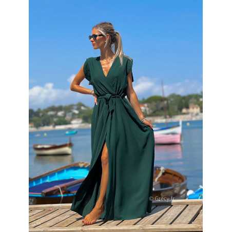 Robe longue vert sapin manches courtes fendue Couleur vert sapin Taille Taille unique convient du 34 au 42