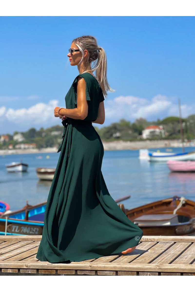 Robe longue vert sapin manches courtes fendue grecy été mode tendance cérémonie mariage chic zara mango