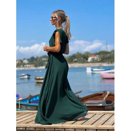 Robe longue vert sapin manches courtes fendue grecy été mode tendance cérémonie mariage chic zara mango