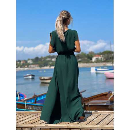 Robe longue vert sapin manches courtes fendue grecy été mode tendance cérémonie mariage chic zara mango