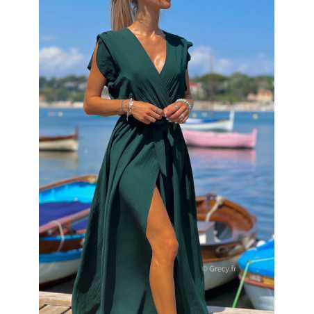 Robe longue vert sapin manches courtes fendue grecy été mode tendance cérémonie mariage chic zara mango