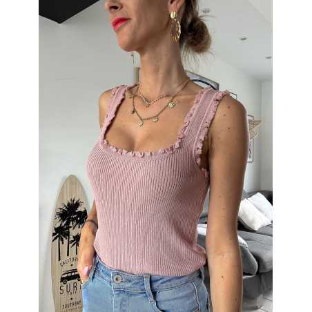 Débardeur rose maille côtelée grecy tendance mode intemporel volants top chic zara mango