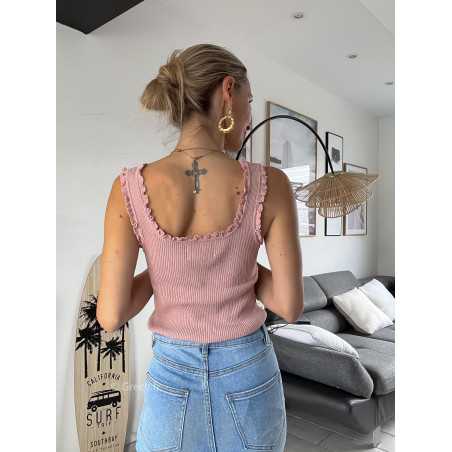 Débardeur rose maille côtelée grecy tendance mode intemporel volants top chic zara mango