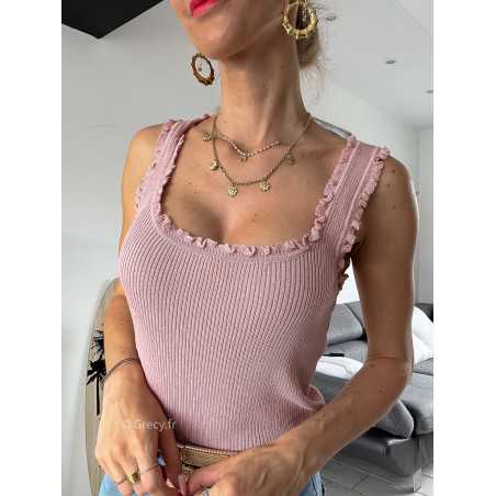 Débardeur rose maille côtelée grecy tendance mode intemporel volants top chic zara mango