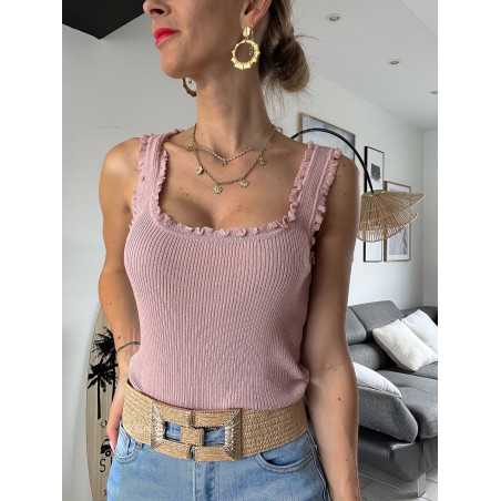 Débardeur rose maille côtelée grecy tendance mode intemporel volants top chic zara mango