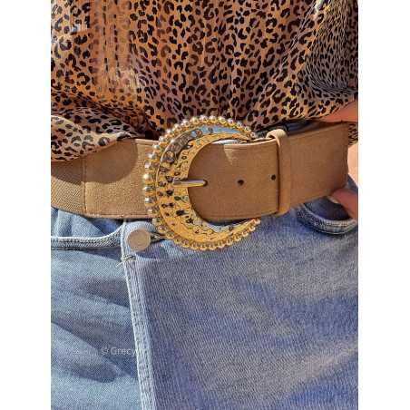 ceinture camel boucle lune or élastique dorée tendances mode grecy zara mango automne 2023