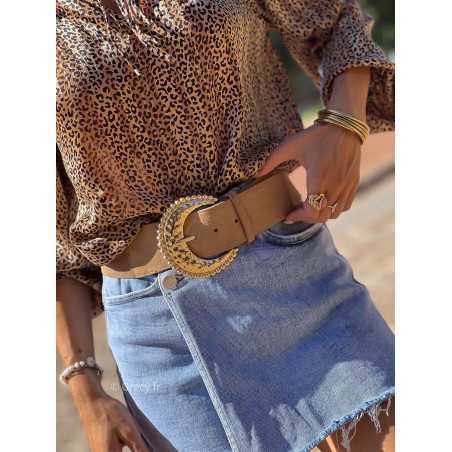 ceinture camel boucle lune or élastique dorée tendances mode grecy zara mango automne 2023