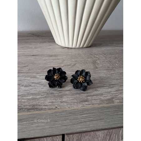 Boucles d'oreilles fleurs noires bijoux doré acier inoxydable grecy mode tendance