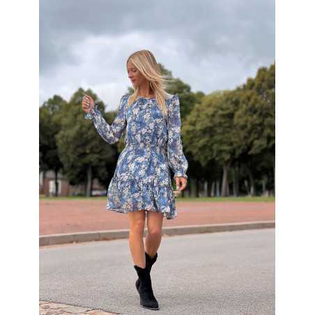 Robe portefeuille courte imprimé bleu fleurie automne mode tendance grecy