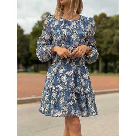 Robe portefeuille courte imprimé bleu fleurie automne mode tendance grecy