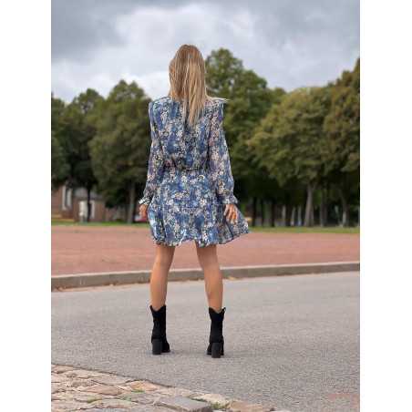 Robe portefeuille courte imprimé bleu fleurie automne mode tendance grecy