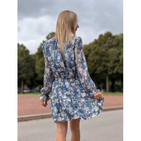 Robe portefeuille courte imprimé bleu fleurie automne mode tendance grecy