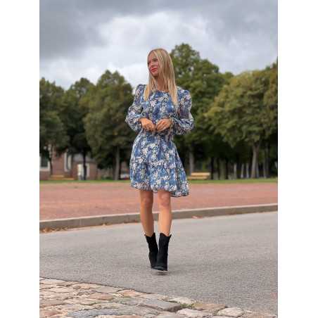 Robe portefeuille courte imprimé bleu fleurie automne mode tendance grecy