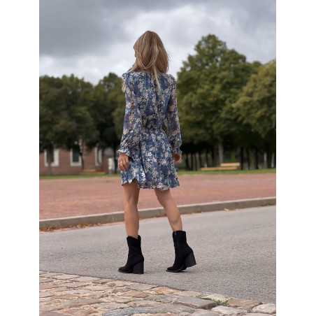 Robe portefeuille courte imprimé bleu fleurie automne mode tendance grecy