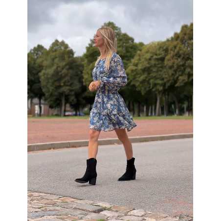 Robe portefeuille courte imprimé bleu fleurie automne mode tendance grecy