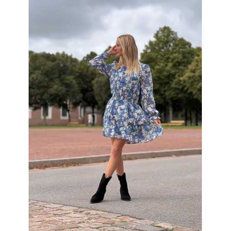 Robe portefeuille courte imprimé bleu fleurie automne mode tendance grecy