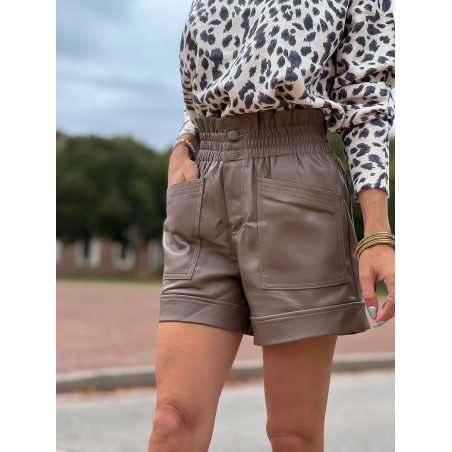 short simili cuir taille haute taupe marron automne mode tendance grecy