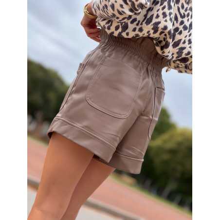 short simili cuir taille haute taupe marron automne mode tendance grecy