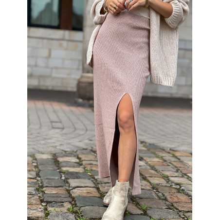 Jupe longue beige avec fente en maille automne hiver tendance mode chic casual grecy