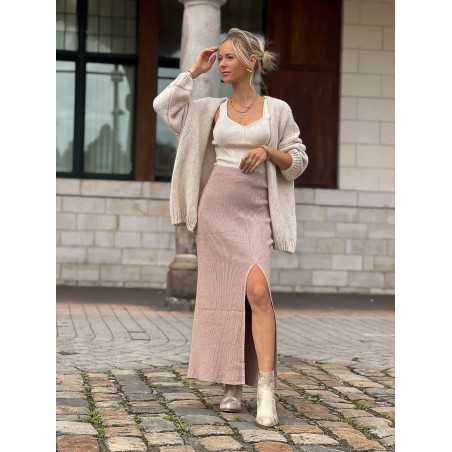 Jupe longue beige avec fente en maille automne hiver tendance mode chic casual grecy