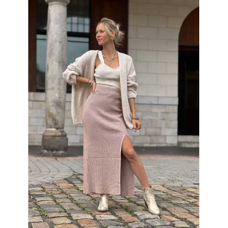 Jupe longue beige avec fente en maille automne hiver tendance mode chic casual grecy