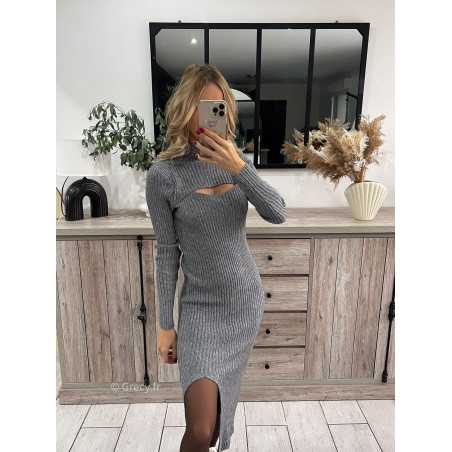 Robe pull longue grise fendue decollete decoupe Couleur Gris Taille Taille unique convient du 34 au 42