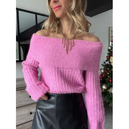 pull doudou rose col bardot épaules dénudées mode tendance noël hiver Grecy outfit fêtes