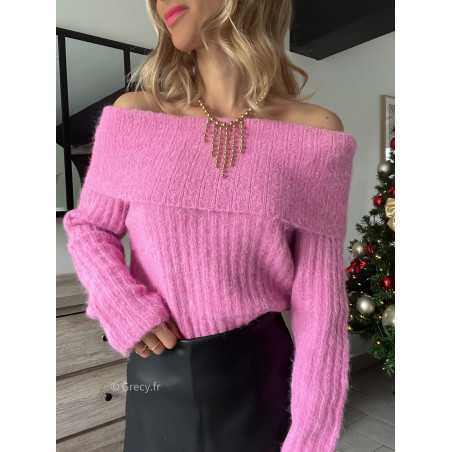 pull doudou rose col bardot épaules dénudées mode tendance noël hiver Grecy outfit fêtes